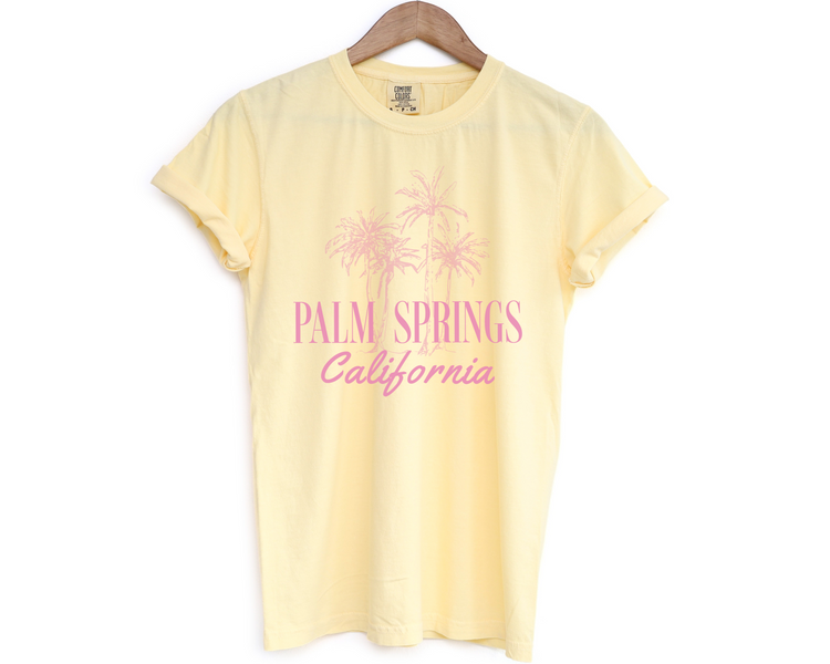 Palm Springs, California Short Sleeve T-Shirt, Vintage Style, Palm Tree Tee, Yellow, Butter Color