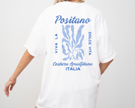 Comfort Colors short sleeve t-shirt featuring a whimsical coastal design on the back, "Viva la Dolce Vita" text, and a faded vintage grunge look in coastal blue, ideal for summer and travel vibes.