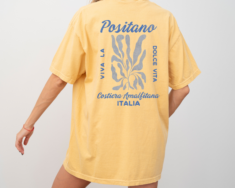 Comfort Colors short sleeve t-shirt featuring a whimsical coastal design on the back, "Viva la Dolce Vita" text, and a faded vintage grunge look in coastal blue, ideal for summer and travel vibes.