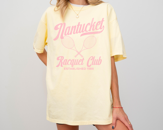 Nantucket Racquet Club, Tennis, Short Sleeve Cotton T-Shirt, Vintage, Retro, Faded Style, Yellow