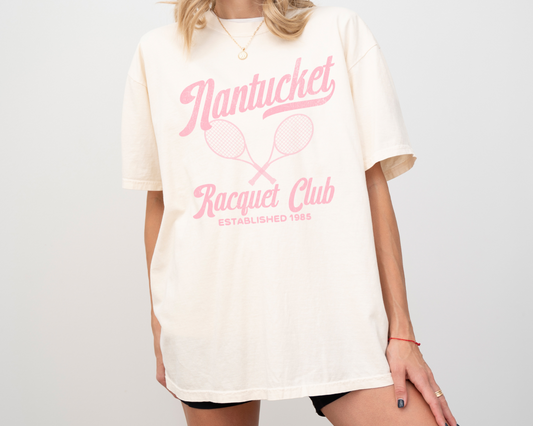 Nantucket Racquet Club, Tennis, Short Sleeve Cotton T-Shirt, Vintage, Retro, Faded Style, Ivory