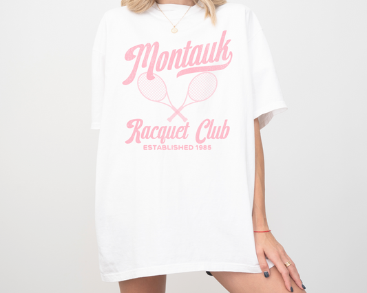 Montauk Racquet Club, Vintage, Faded, Grunge Style, Pink Print, Short Sleeve Cotton T-Shirt, White