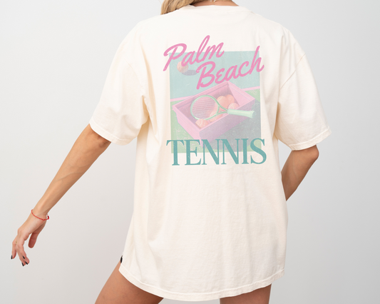 Palm Beach, Vintage, 80s, Retro, Tennis, Pink Print, Short Sleeve T-Shirt, Ivory