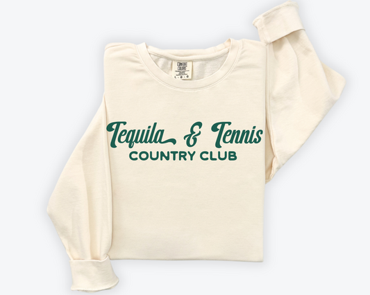 Tequila and Tennis Country Club Crewneck Sweatshirt, Folded, Front View, Ivory Color with Green Print