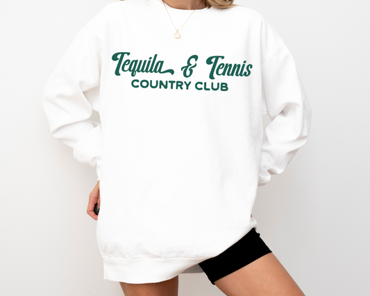 Tequila and Tennis Country Club Crewneck Sweatshirt, On Model, Front View, White Color with Green Print