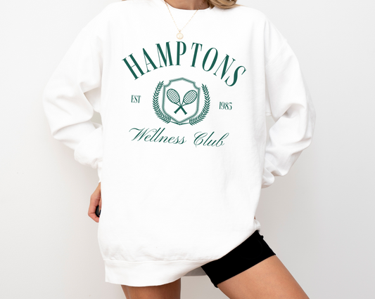 Hamptons Wellness Club Crewneck Sweatshirt, Folded, Green Print, White Sweatshirt