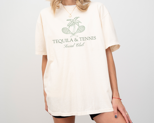 Tequila and Tennis Social Club, Short Sleeve T-Shirt, Green Print, Palm Trees, Ivory Shirt