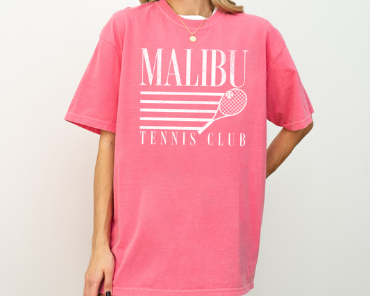 Malibu Tennis club, Vintage, Distressed Style, Short Sleeve Cotton T-Shirt, On Model, Pink Color