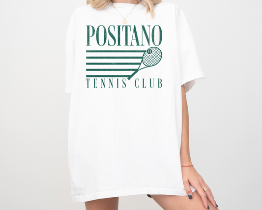 Positano Tennis Club, Vintage, Retro, Distressed Short Sleeve Cotton T-Shirt, Green Print, White Tee