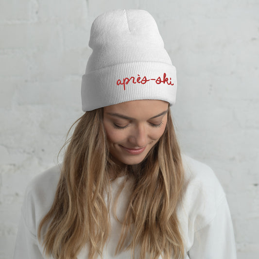 Red embroidered cuffed beanie with whimsical print, ideal for après-ski, girls' trip, or bachelorette ski trip