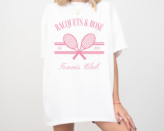 Racquets & Rosé Tennis Club Short Sleeve Comfort Colors T-Shirt, Pink | Girl’s Trip, Bachelorette Party Tee | Gift for Her, Rosé Wine Lover