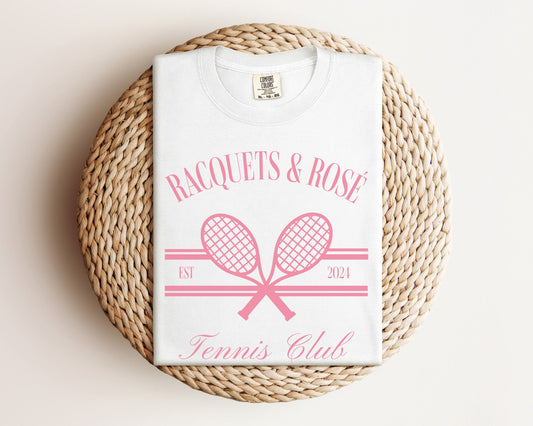 Racquets & Rosé Tennis Club Short Sleeve Comfort Colors T-Shirt, Pink | Girl’s Trip, Bachelorette Party Tee | Gift for Her, Rosé Wine Lover