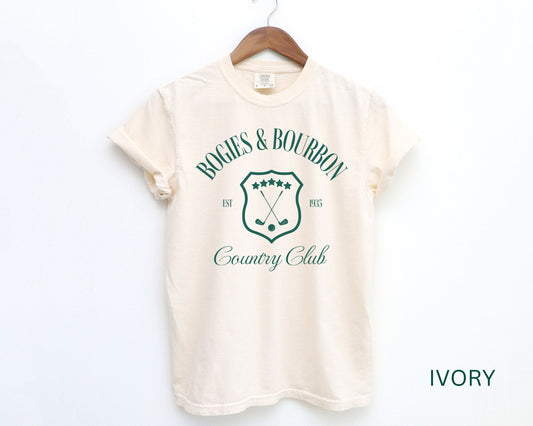 Bogies & Bourbon Country Club Comfort Colors Short Sleeve T-Shirt | Gift Idea Golfer | Golf Trip, Bachelor, Bachelorette Shirt | Men, Women