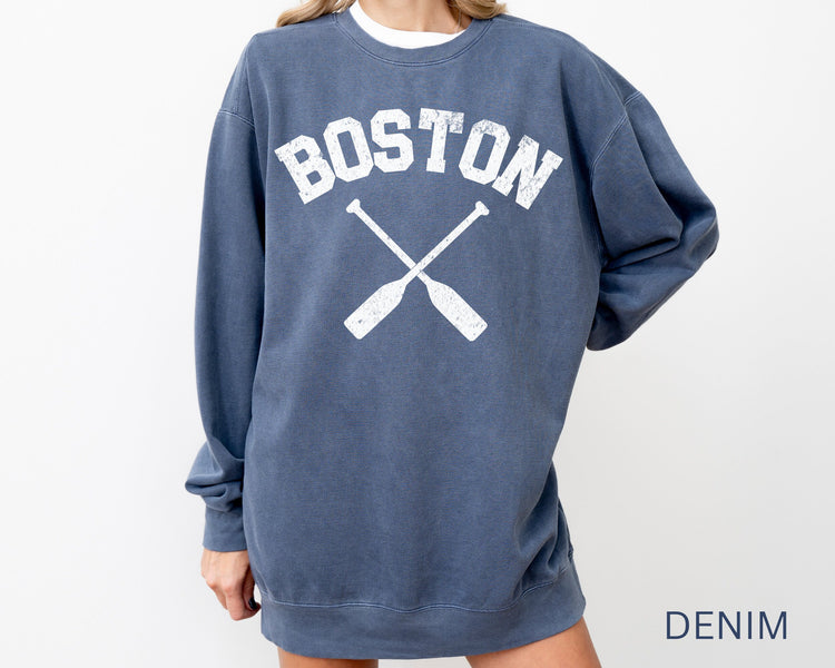 Boston Comfort Colors Crewneck Sweatshirt | Vintage Style Rowing Pullover | Faded, Grunge Look | Gift for Her, Him, Rower | Sporty, Athletic