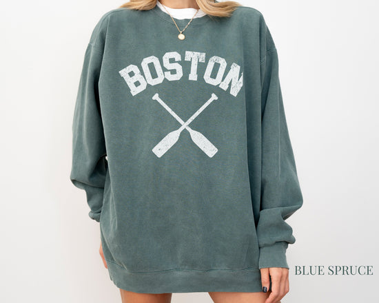 Boston Comfort Colors Crewneck Sweatshirt | Vintage Style Rowing Pullover | Faded, Grunge Look | Gift for Her, Him, Rower | Sporty, Athletic