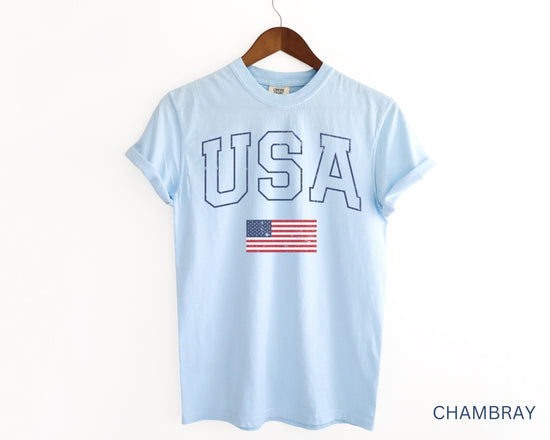 USA Comfort Colors Short Sleeve T-Shirt | Men’s, Women’s 4th of July, Independence Day Olympics Outfit | Vintage, Athletic Style Tee, Unisex